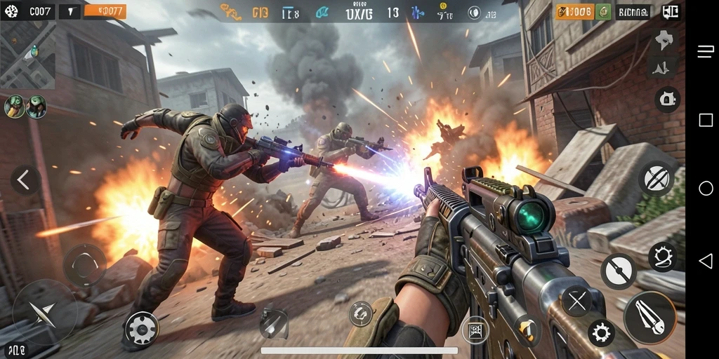 Screenshot utama C0077 menampilkan aksi tembak menembak dalam game FPS yang intens.