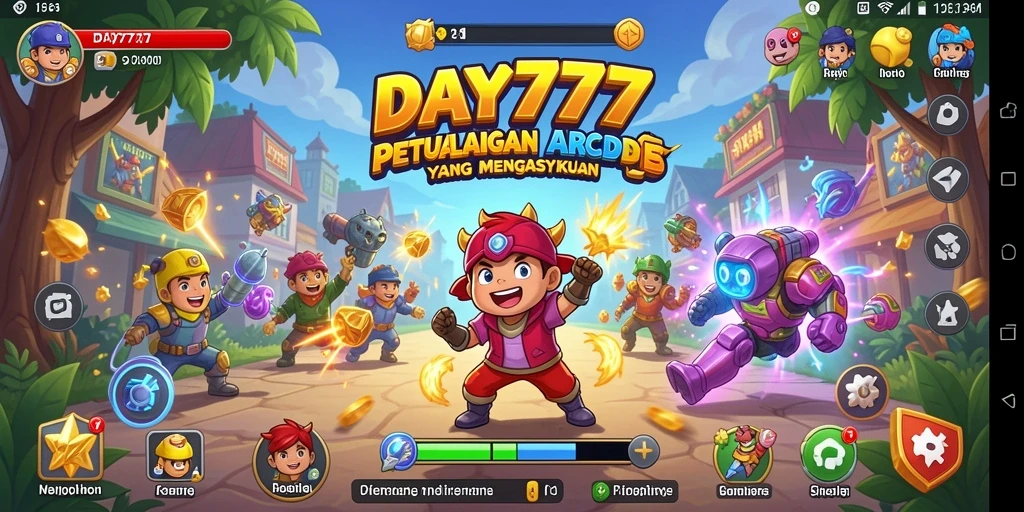 Tampilan gameplay <strong>DAY777</strong> dengan karakter colorful dan level menantang.