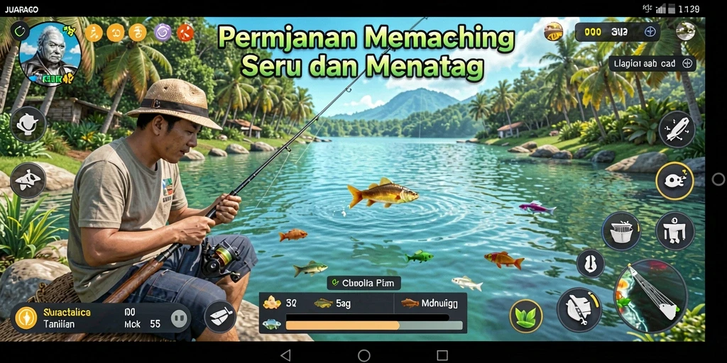 Tampilan gameplay JUARAGO yang menampilkan aksi memancing yang mendebarkan.