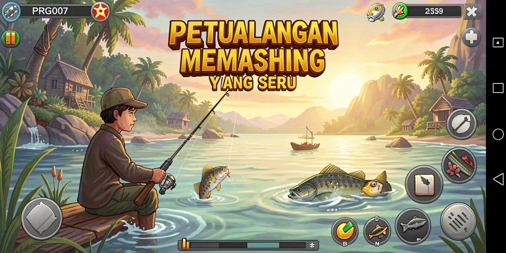 Tampilan gameplay menarik dalam PRG007 saat menangkap ikan besar.