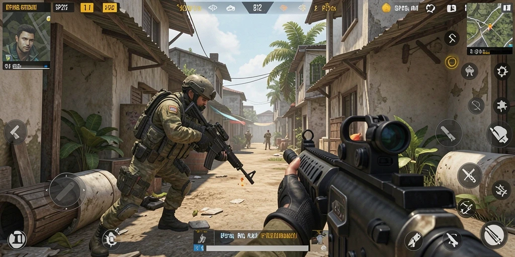 Tampilan gameplay SP212 yang mendebarkan dalam pertempuran FPS.