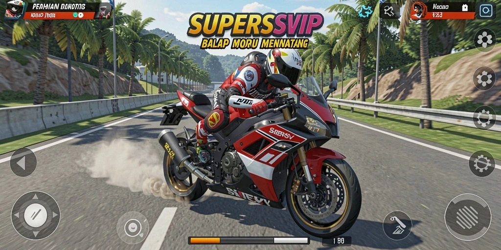 Screenshot gameplay SUPERSVIP menampilkan aksi balap motor yang mendebarkan.